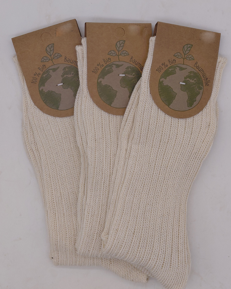 3 Paar Socken Rippe Struktur 100% GOTS Bio-Baumwolle Ecru