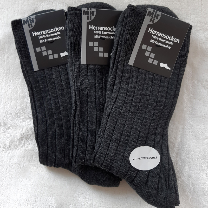 3 Paar Socken mit Frottee Sohle und Komfort Bund 100% Baumwolle Anthrazit