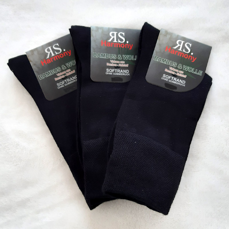 3 Paar Socken Bambus & Wolle ohne Gummi Schwarz