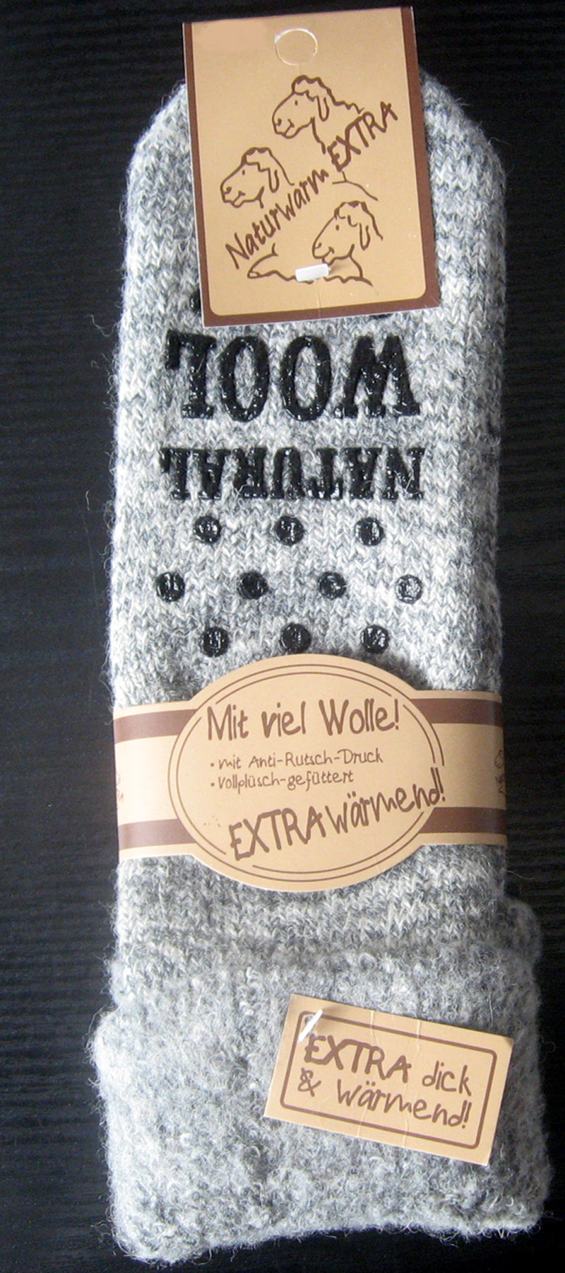 1 Paar Umschlag ABS Stoppersocken Kuschelsocken 63% Wolle Grau