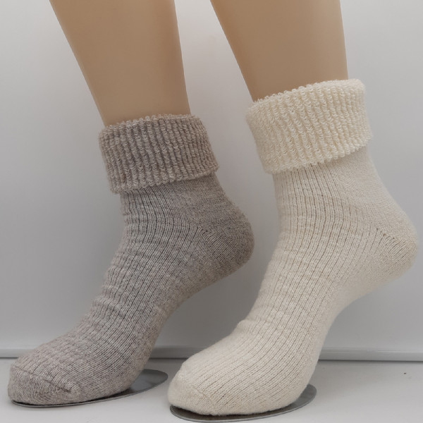 2 Paar MH Thermo Alpaka Kuschel Wollsocken mit Umschlag Ecru / Beige