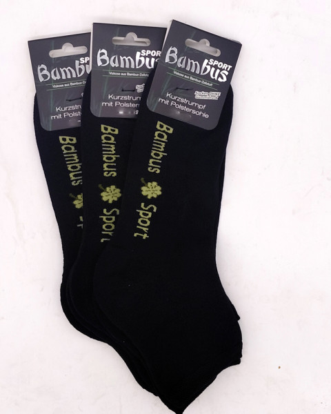 3 Paar MH Bambus Kurzstrumpf Socken ohne Gummi mit Polstersohle Schwarz