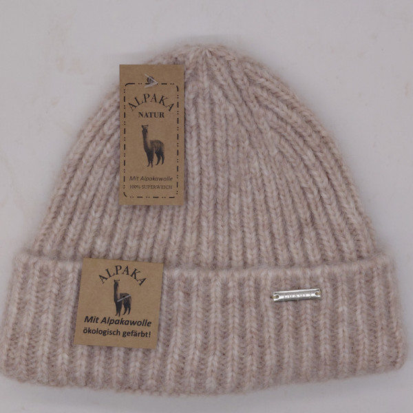 Strickmütze aus Angora und Mohairwolle mit Umschlag Beige