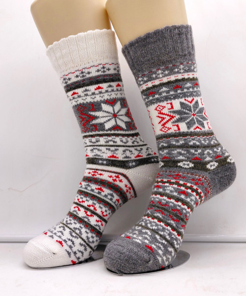 2 Paar MH Alpaka Socken 100% Wolle Schneeflocken Muster Grau und Ecru