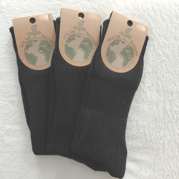 3 Paar Socken Rippe Struktur 100% GOTS Bio-Baumwolle Schwarz