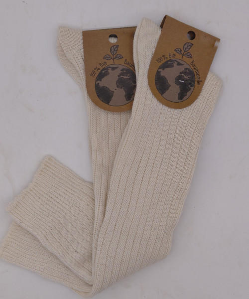 2 Paar Kniestrümpfe Rippe Struktur 100% GOTS Bio-Baumwolle Ecru Natur