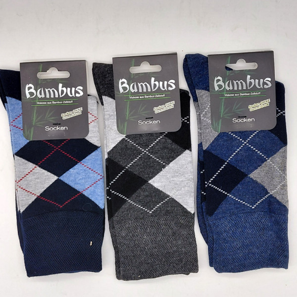 3 Paar MH Bambus Socken modisches Karomuster Blau und Grau