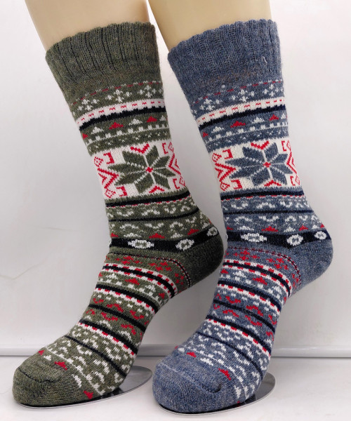 2 Paar MH Alpaka Socken 100% Wolle Schneeflocken Muster Grün und Blau