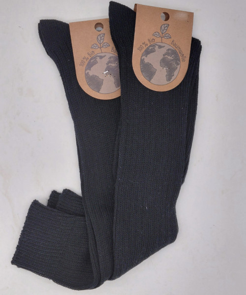 2 Paar Kniestrümpfe Rippe Struktur 100% GOTS Bio-Baumwolle Schwarz